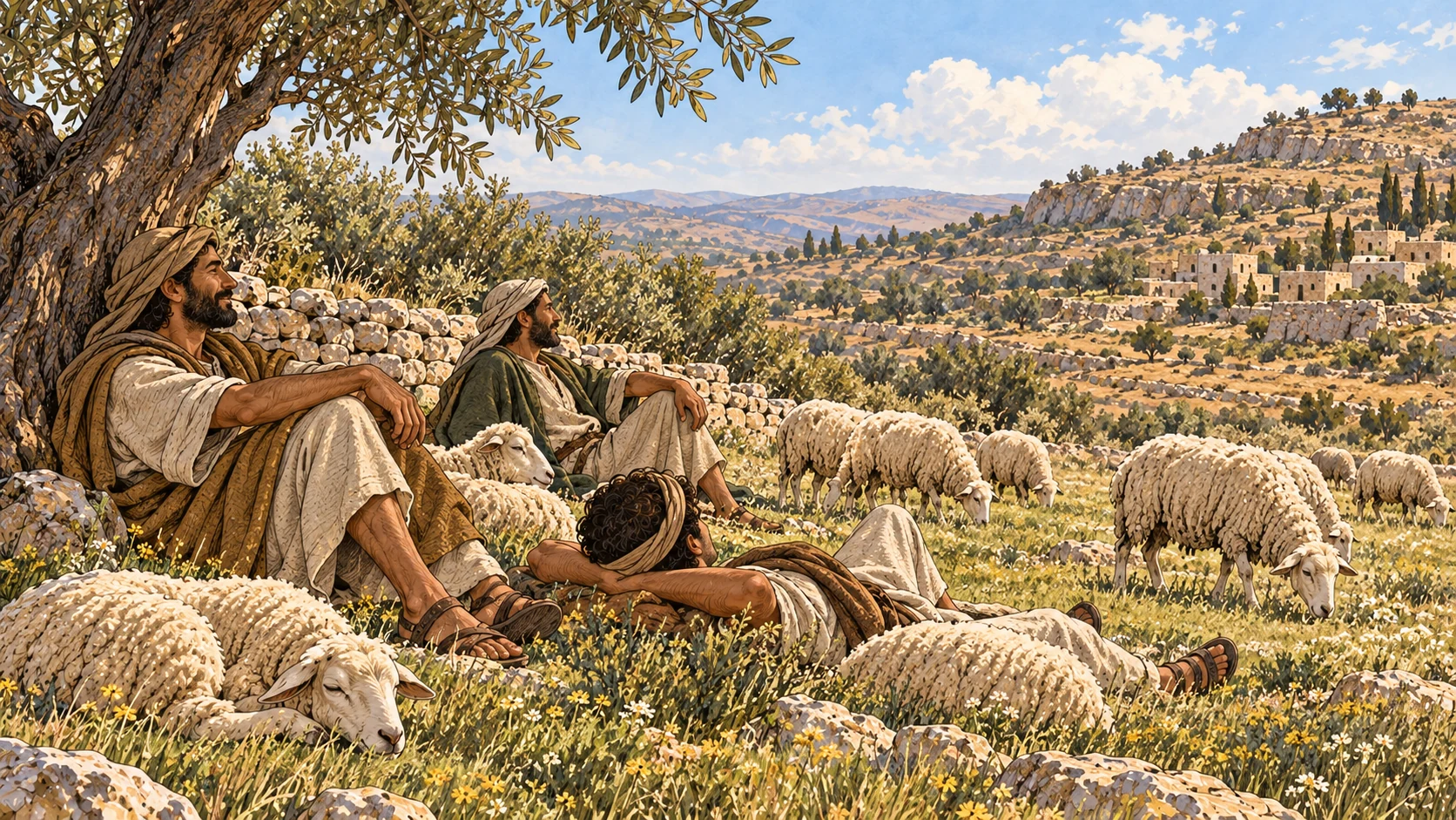 Quiet sunlit pasture: small flock grazing and lying down beside resting anonymous shepherds, no predators or weapons.