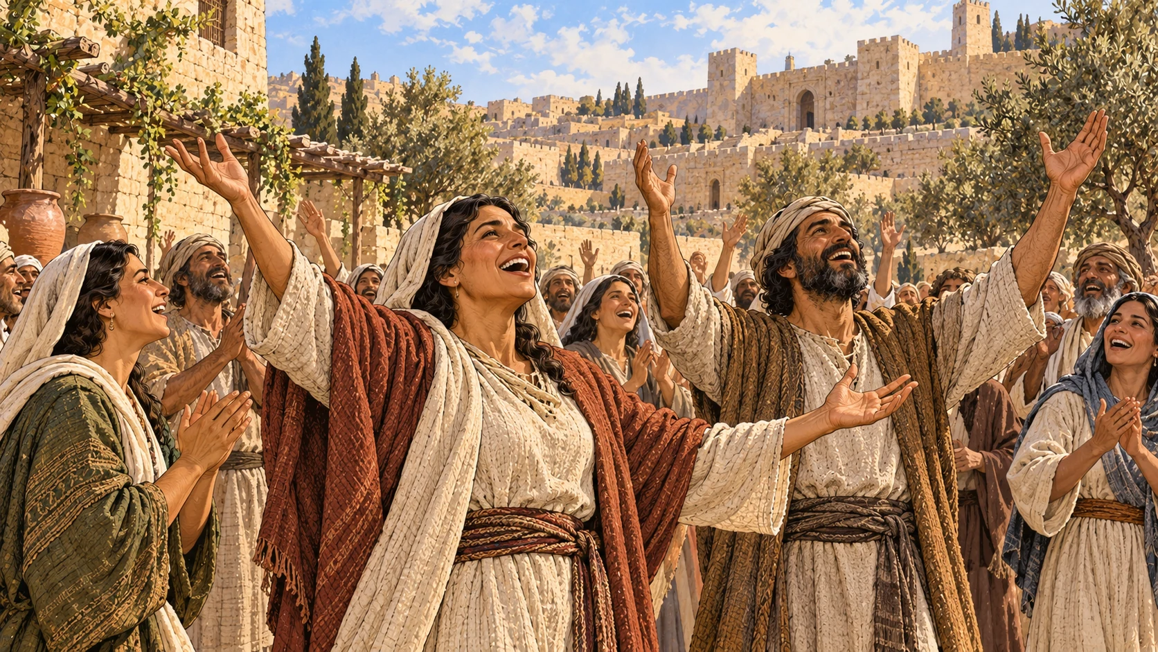Wide warm Jerusalem courtyard with anonymous clothed adults singing joyfully with open mouths and lifted hands, no musicians unless simple clapping.
