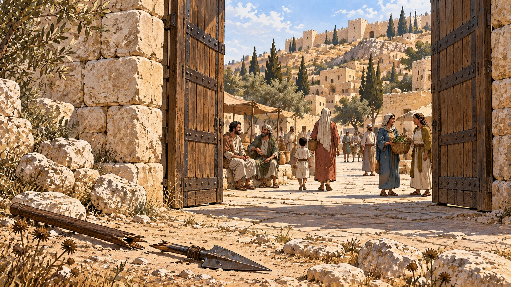 Open Jerusalem gateway in calm daylight with discarded broken plain weapon outside and relaxed anonymous citizens inside, no crowned divine person.