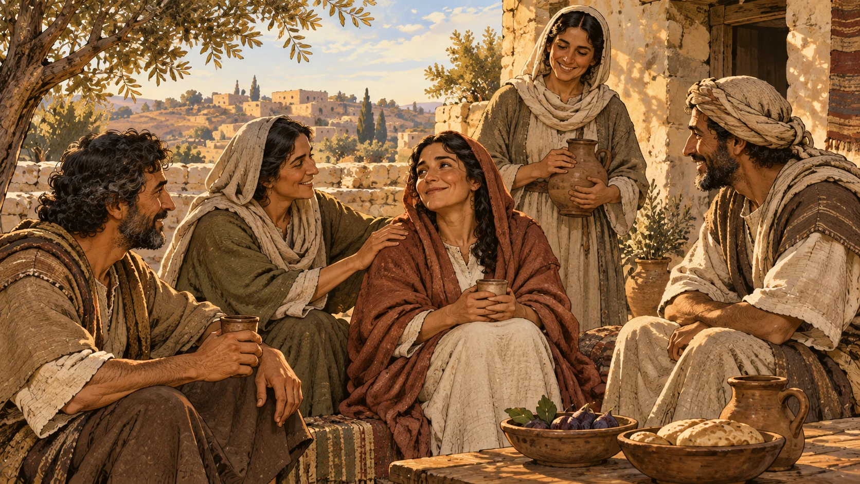 Gentle late-day courtyard of anonymous peaceful adults, one comforted person sits among companions, soft warm light and dignified small smiles, no god or angel.