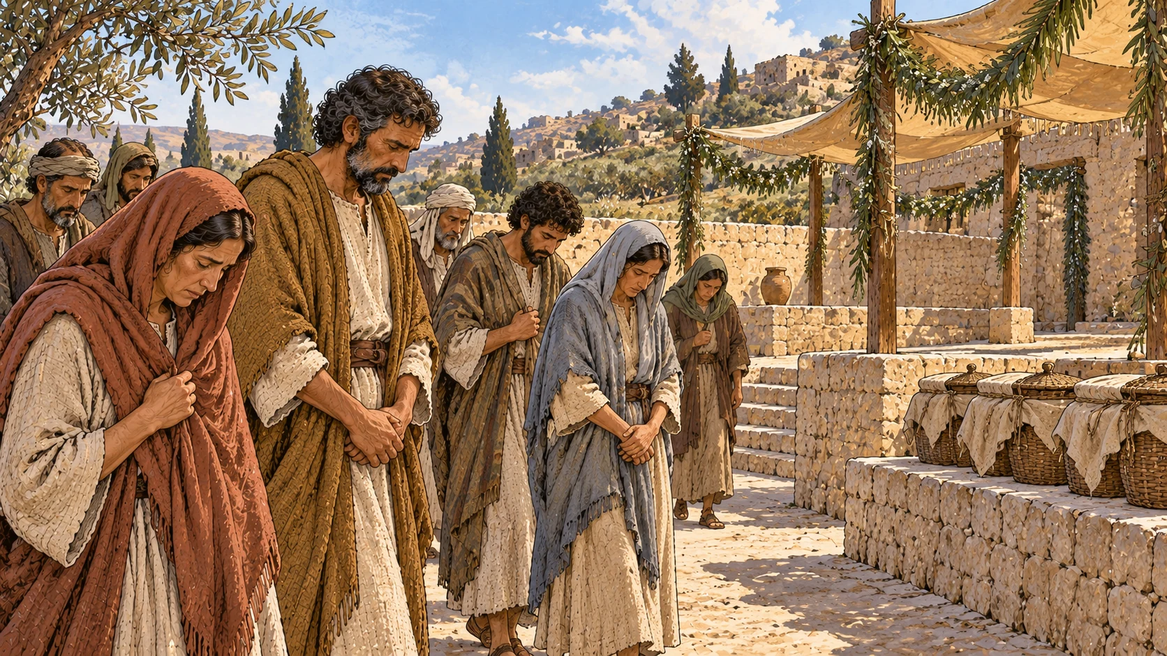 Sober anonymous clothed adults with lowered heads arriving together beside an empty festive courtyard and closed unlettered offering baskets, no celebration yet.