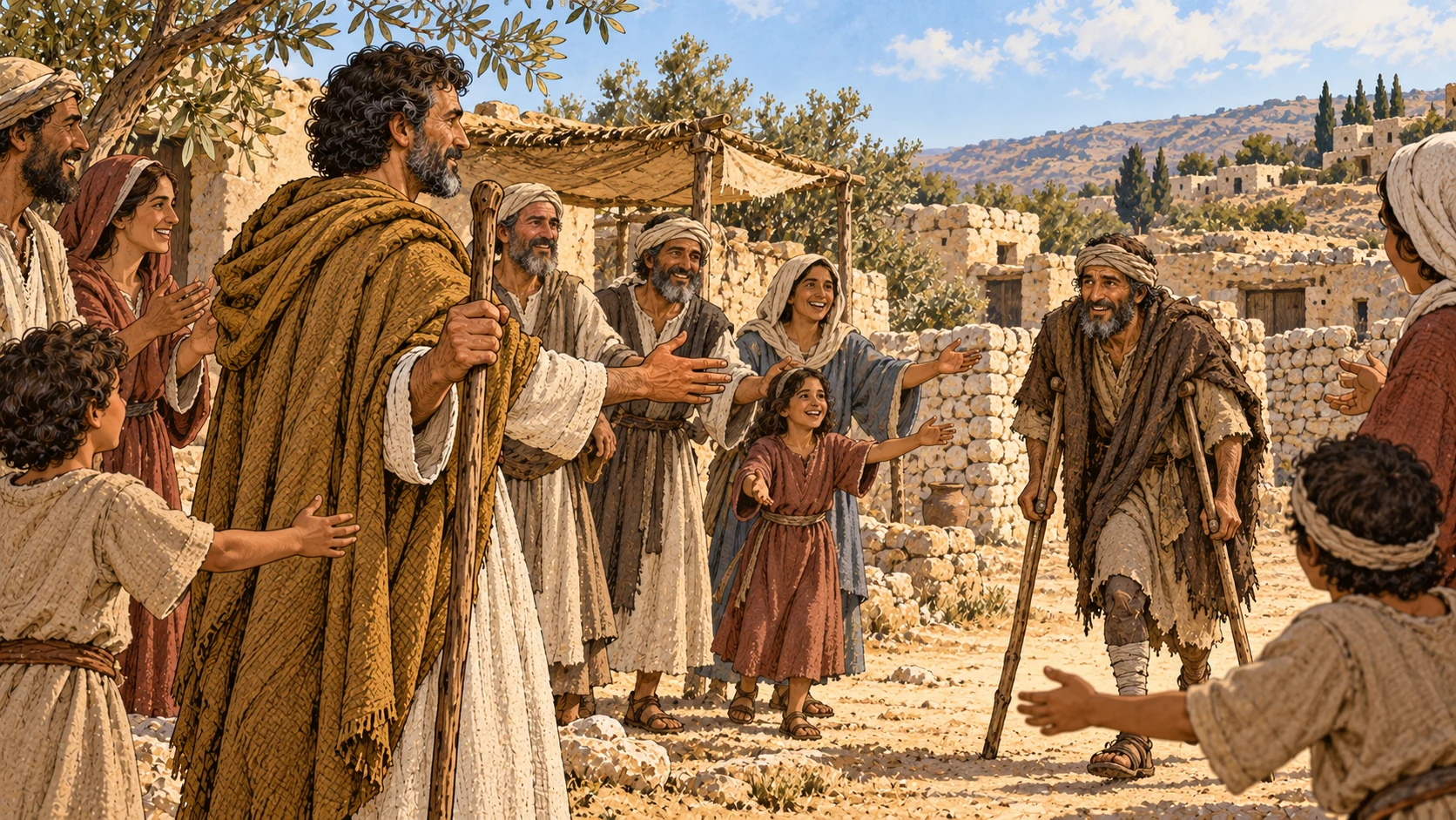 An adult using two wooden crutches is welcomed by a smiling community in an open courtyard.