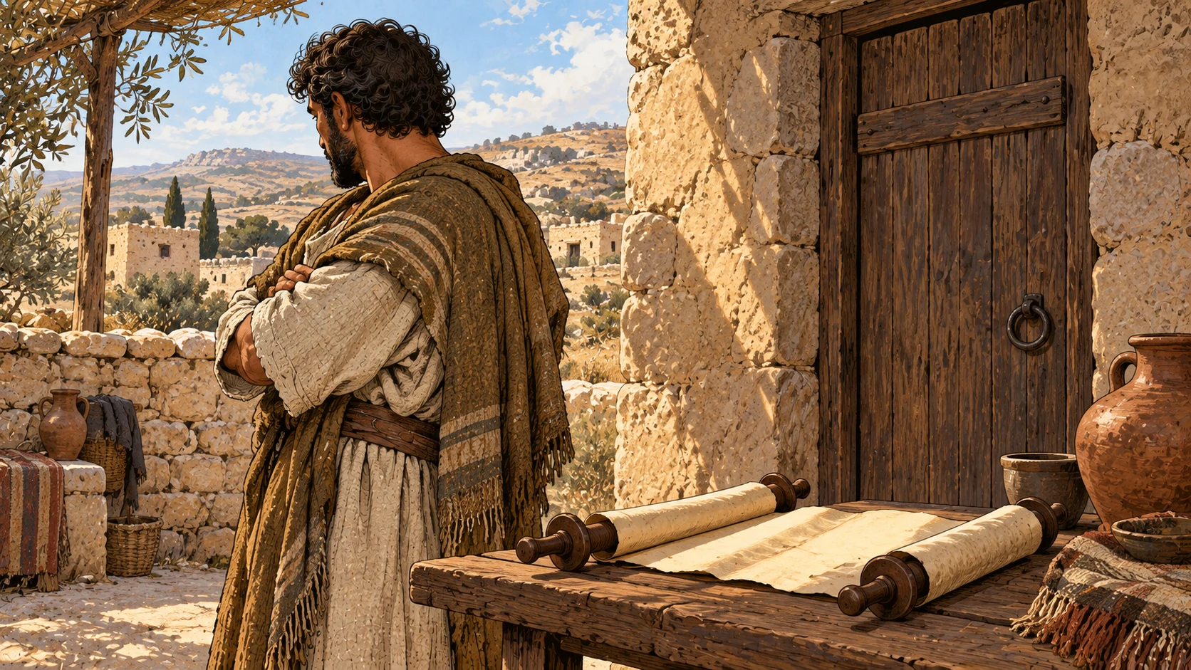 Close anonymous person turned away from an open unlettered scroll on a table beside a closed doorway, no named prophet.