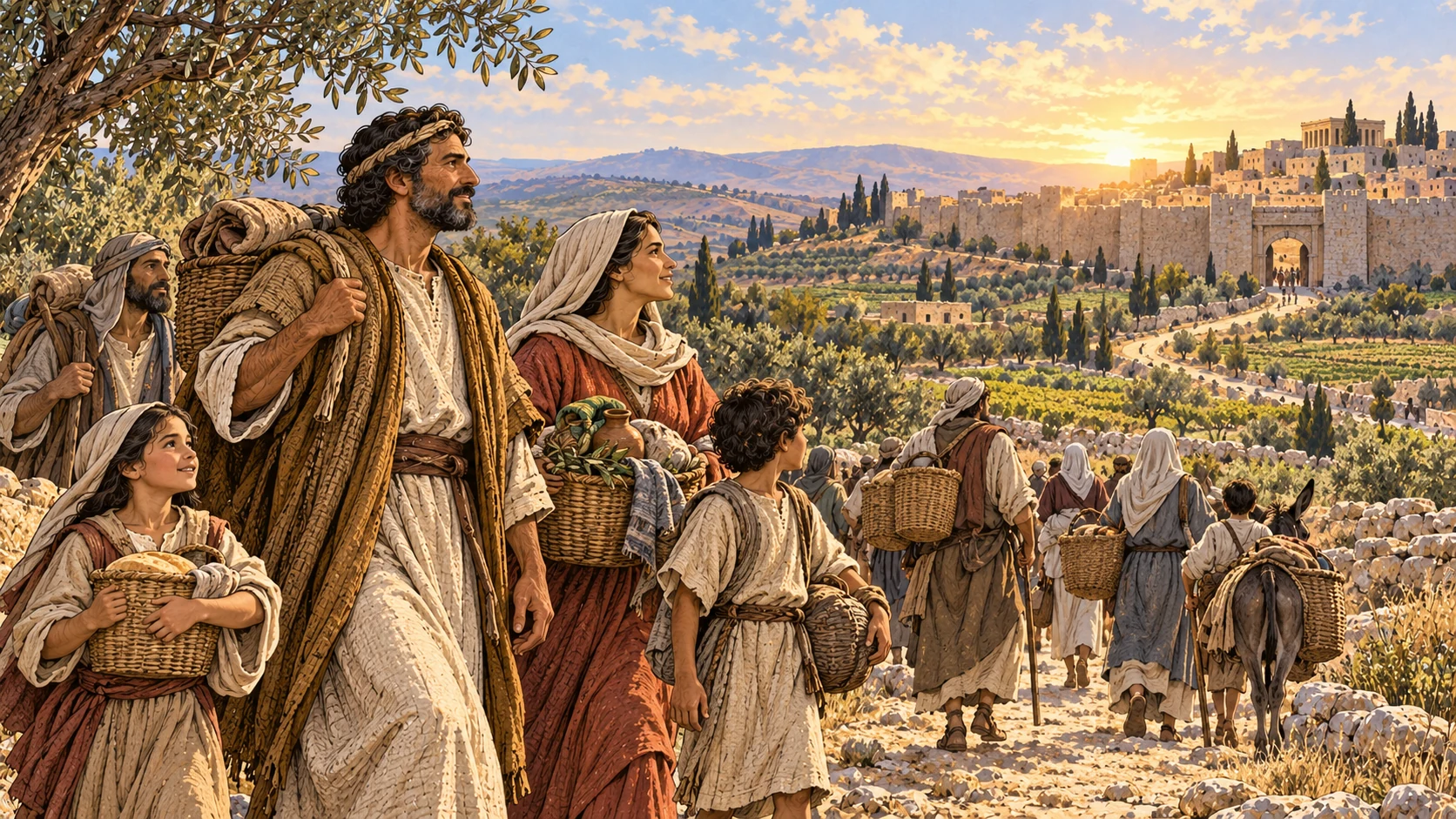 Broad dawn return along road toward open Jerusalem walls, anonymous families together carry plain household baskets, peaceful fertile hills, no triumphant army.