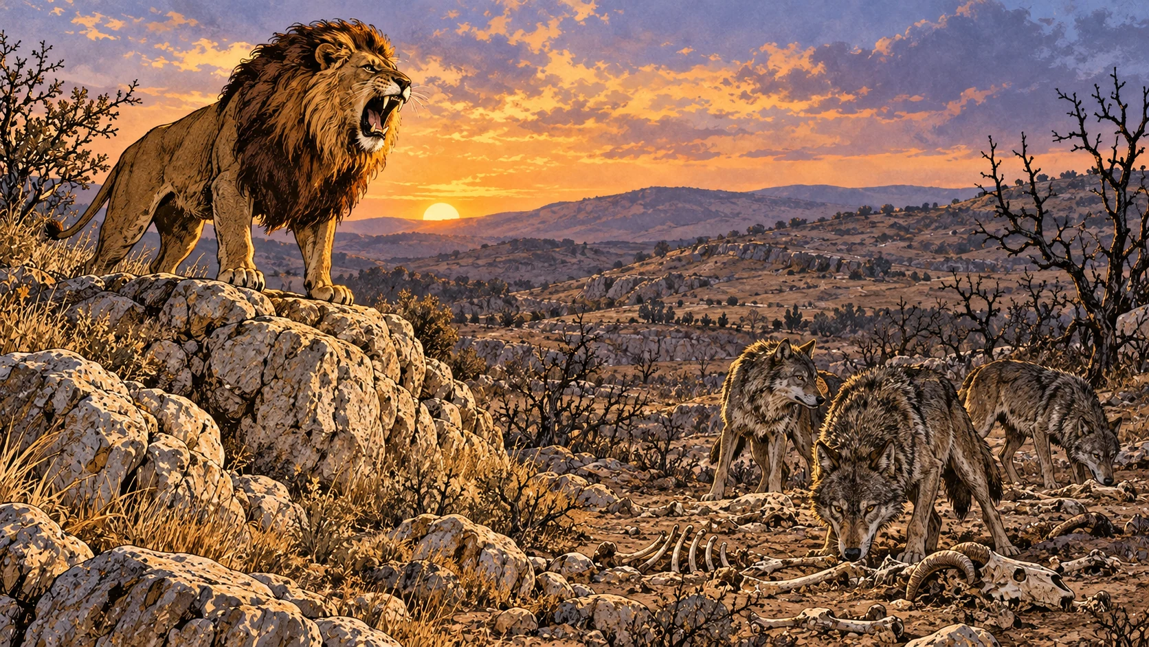 Clearly symbolic wilderness twilight tableau: roaring lion on rock at left and wolves among bare picked-clean ground at right, no humans transforming.