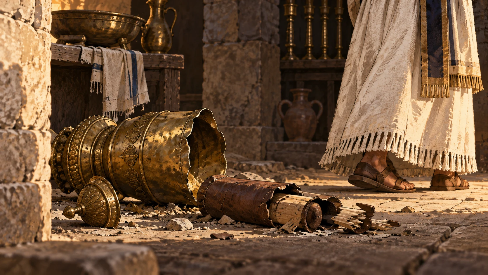 Object-focused dim temple side room with displaced sacred vessel and a crushed unlettered scroll case beside careless anonymous priest's hem, no ceremony.
