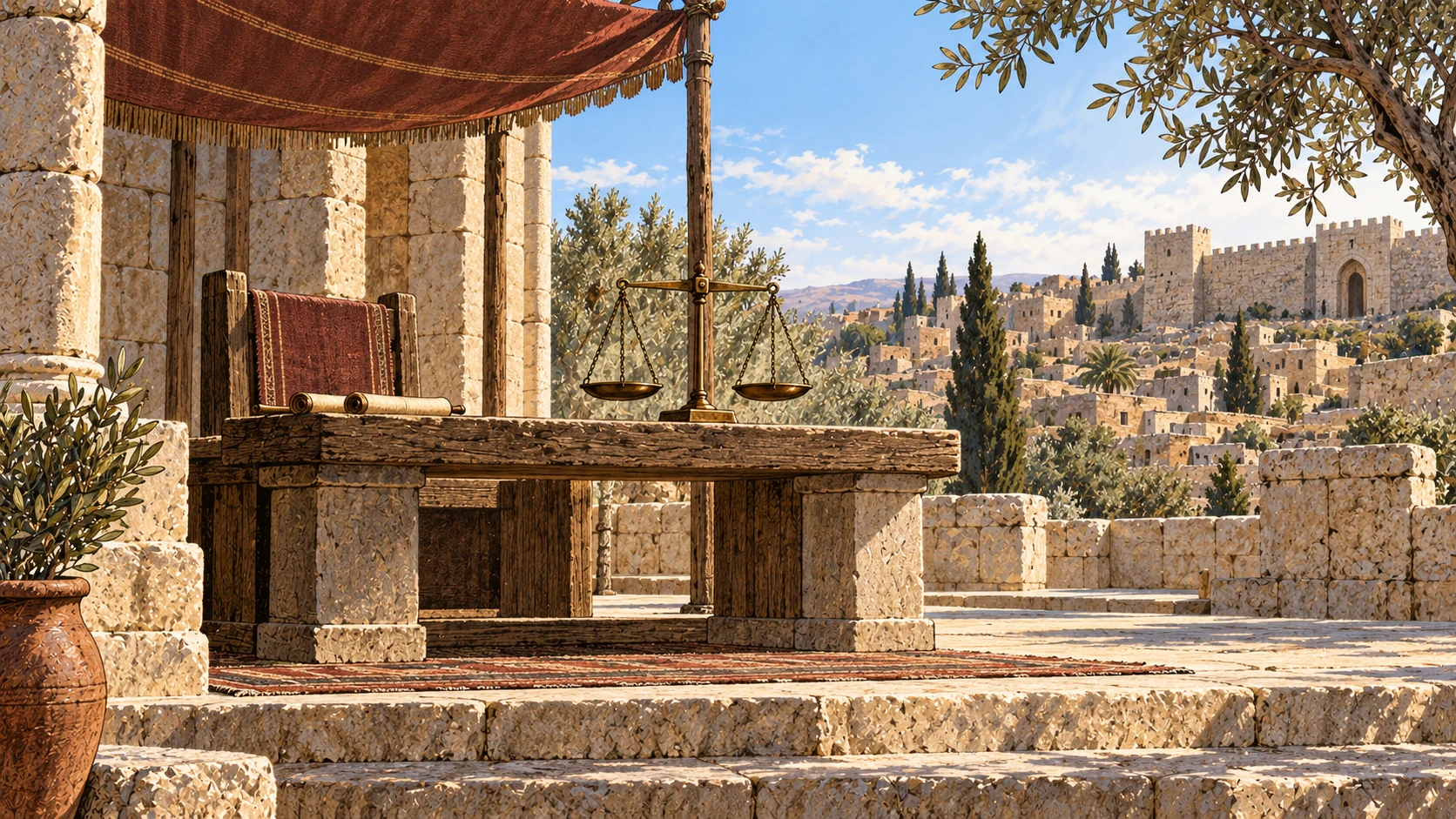Clear morning sun lights an empty public justice bench and balanced scales in modest Jerusalem court, no deity or heavenly figure.