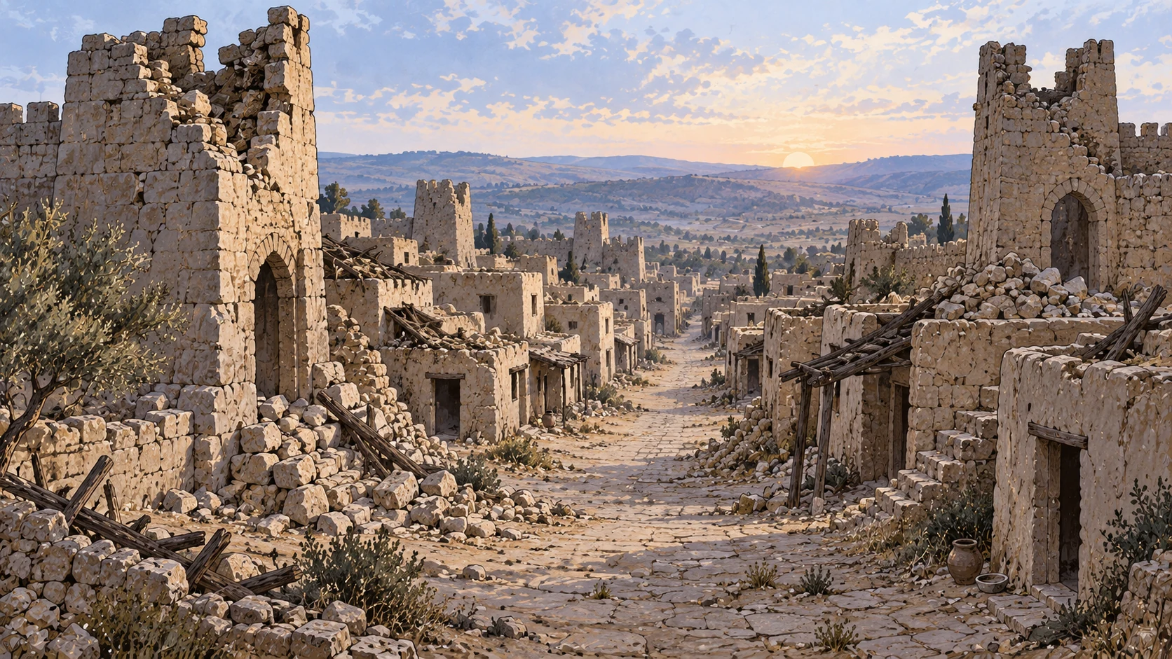 Straight high perspective empty ancient city street with broken corner towers and silent vacant houses, pale cool dawn.