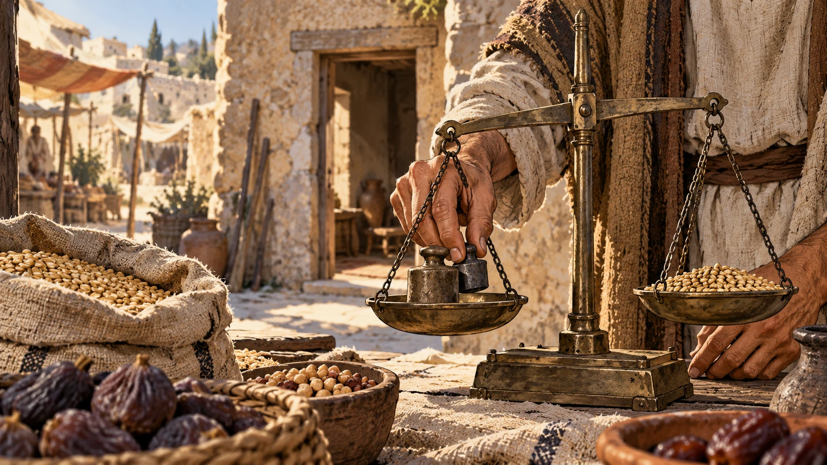 Early morning market close-up: anonymous hand tilts a false balance beside another hidden weight, an open quiet doorway behind.