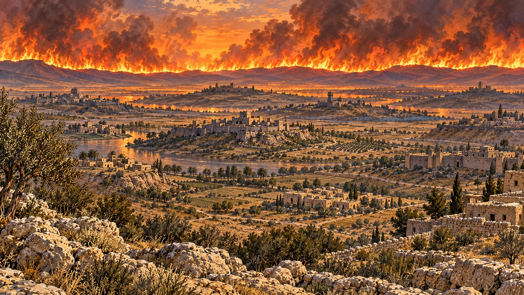 Symbolic extreme wide earth landscape with many distant distinct settlement silhouettes encircled by immense orange fire horizon, no deity, armies or people burning.