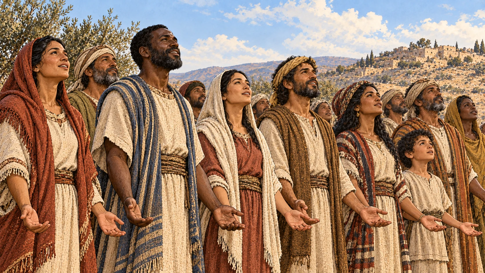 Eye-level diverse anonymous ancient peoples in plain regional linen and wool standing shoulder to shoulder, quiet open mouths and lowered open hands, no altar deity.