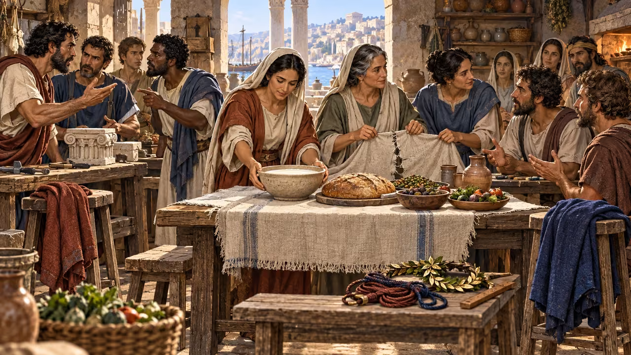 Adults in rival work groups confront jealousy around an unfinished shared meal and repair a torn serving cloth.