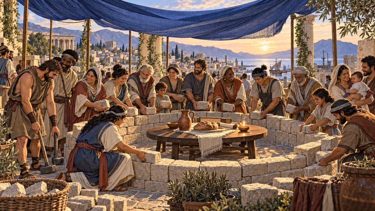 A diverse community places stones around one table beneath a shared indigo canopy.