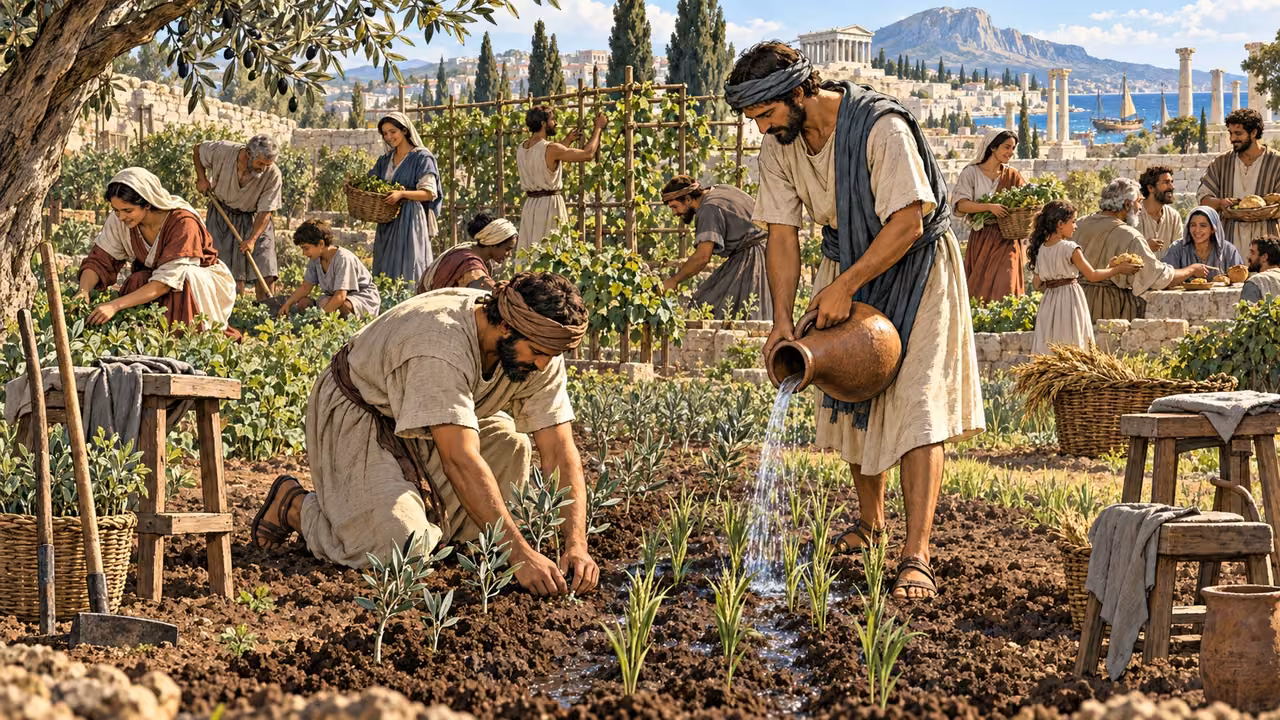 Two equal servants plant and water while the whole community tends one garden.