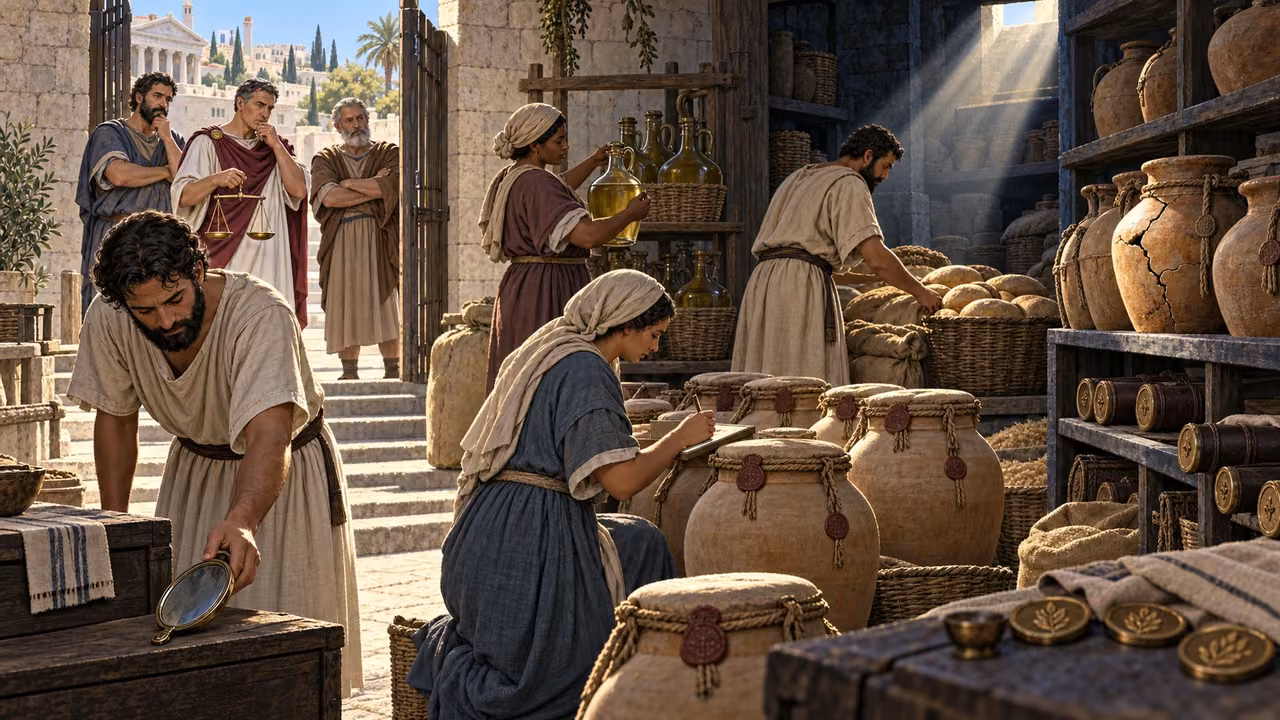 Women and men faithfully inventory entrusted stores while human examiners see only the surface and morning light reveals hidden repairs.