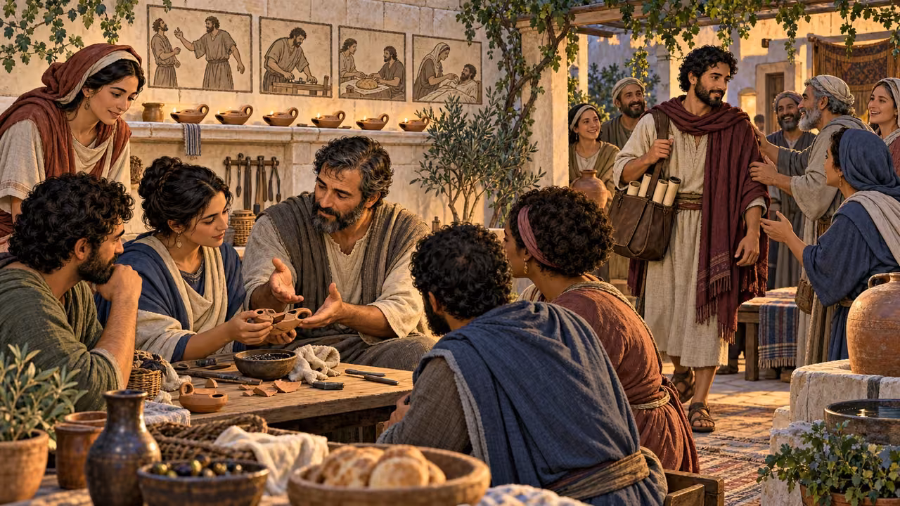 An adult mentor repairs a lamp with peers while Timothy arrives as a trusted coworker carrying unreadable teaching scrolls.