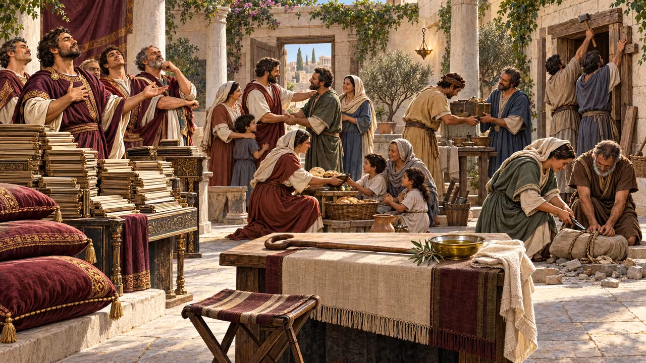 Concrete acts of reconciliation, restitution, feeding, release, and repair contrast with empty ornate rhetoric beside an unused staff and healing oil.