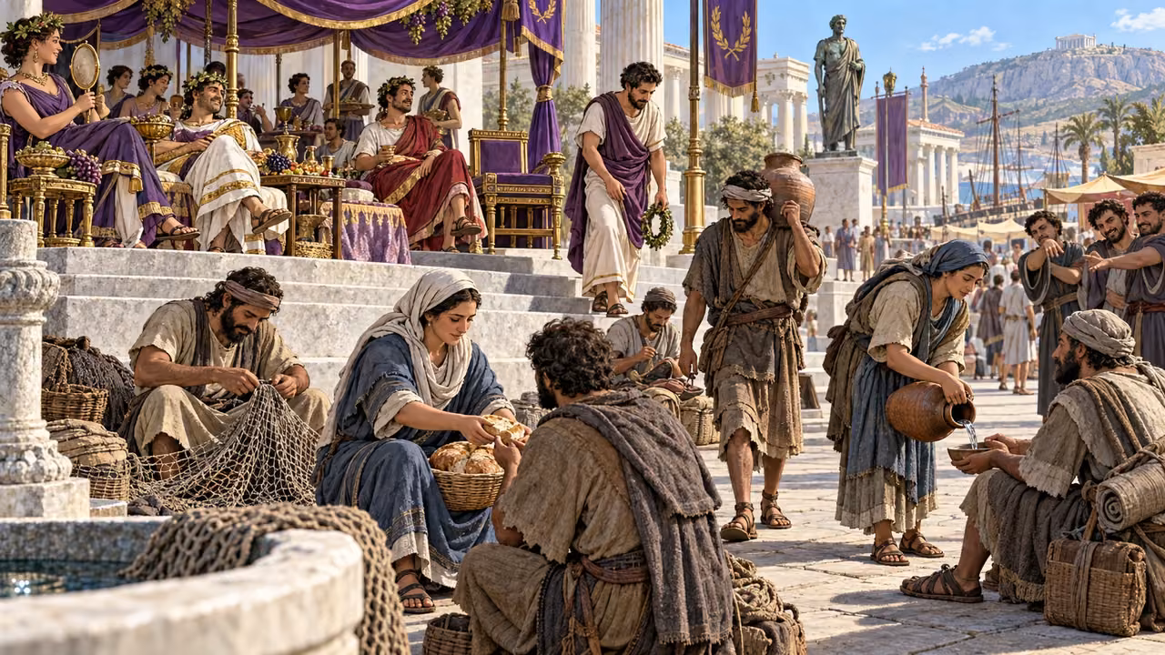 Travel-worn gospel workers mend nets, share bread, and bless contempt while festival patrons begin stepping down to join the labor.