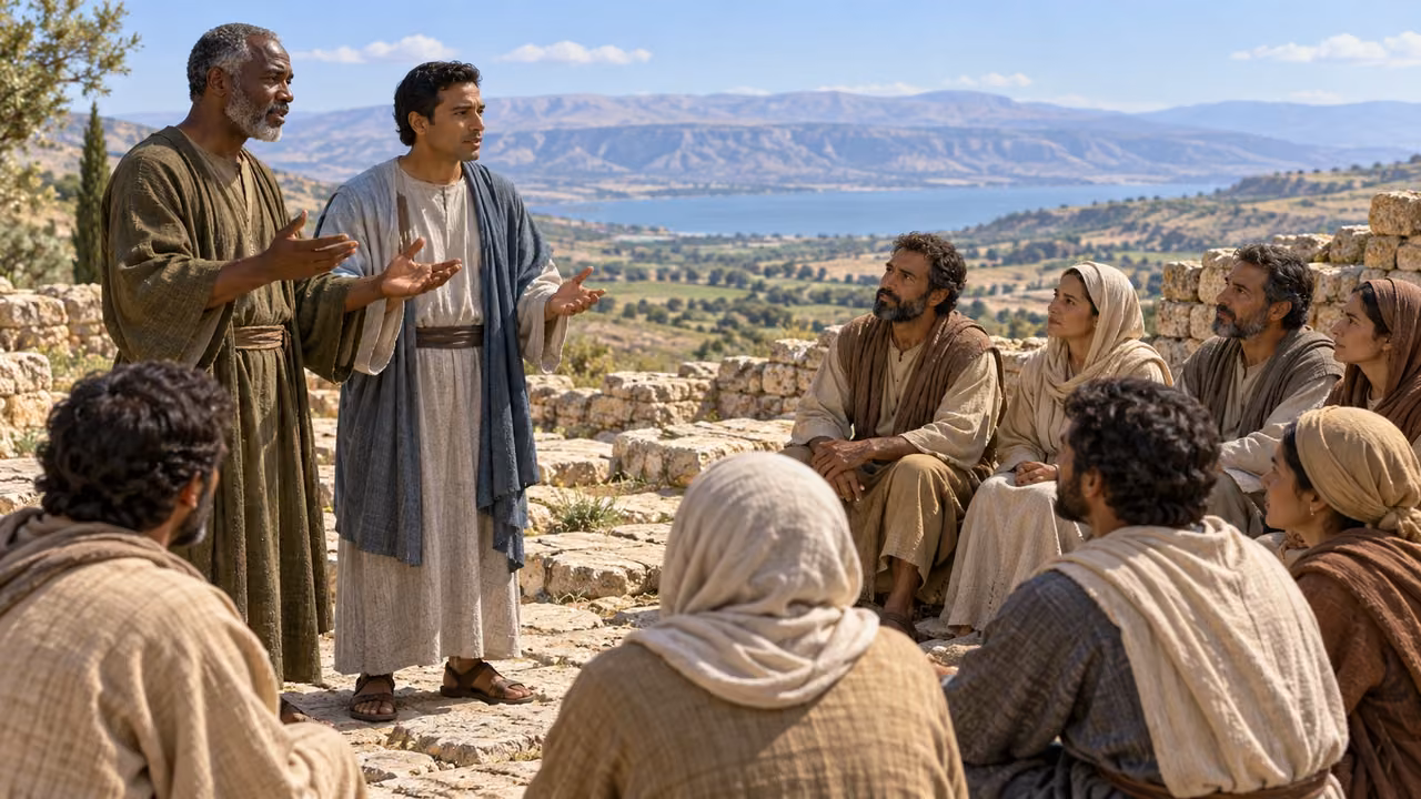 Two plainly clothed adult guides speak with open hands to a gathered audience on an open hillside.