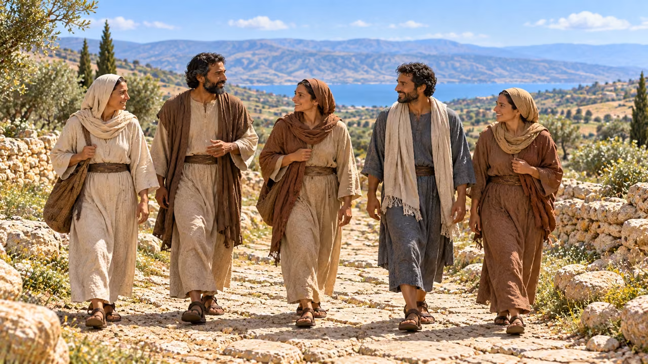 Five ordinary adults in earth-colored clothing walk together along a broad supported stone path.