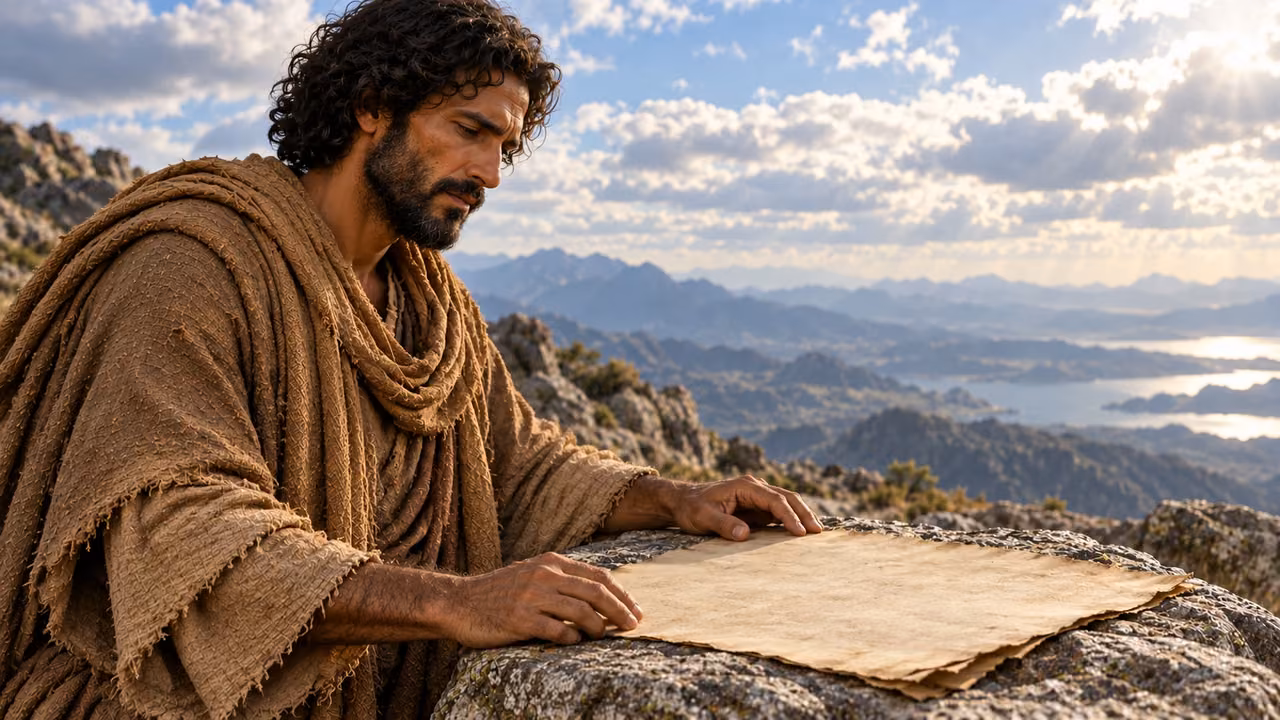 Dark-curly-haired Enoch looks at an unlettered parchment on natural stone.