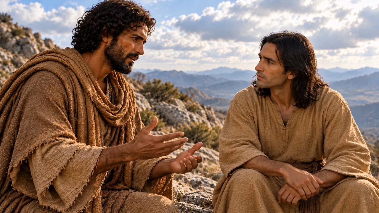 Brown-robed Enoch speaks to clean-shaven straight-haired Methuselah in an ochre robe.