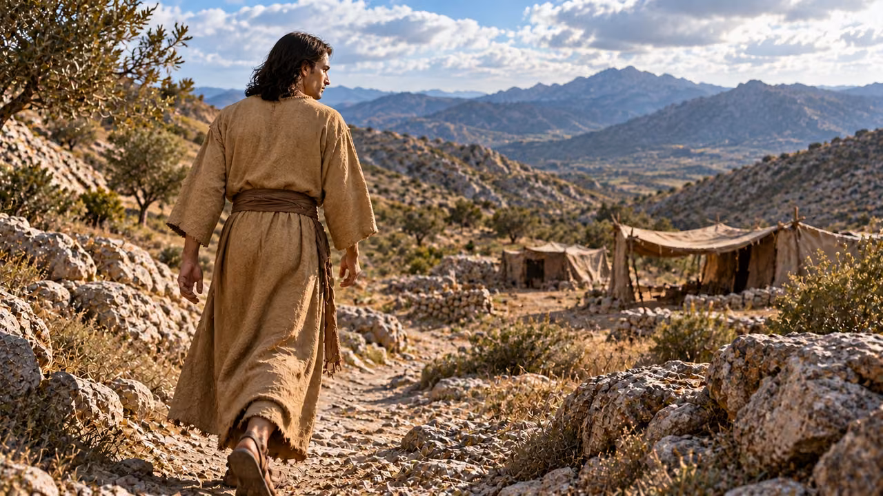 A straight-haired ochre-robed traveler returns toward simple unoccupied cloth shelters.