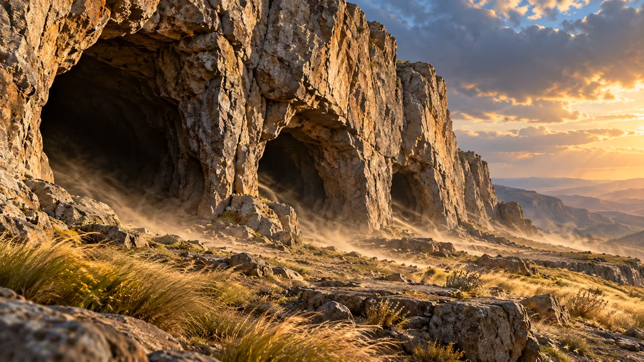 Windblown dust leaves broad irregular rock openings and bends nearby grasses.