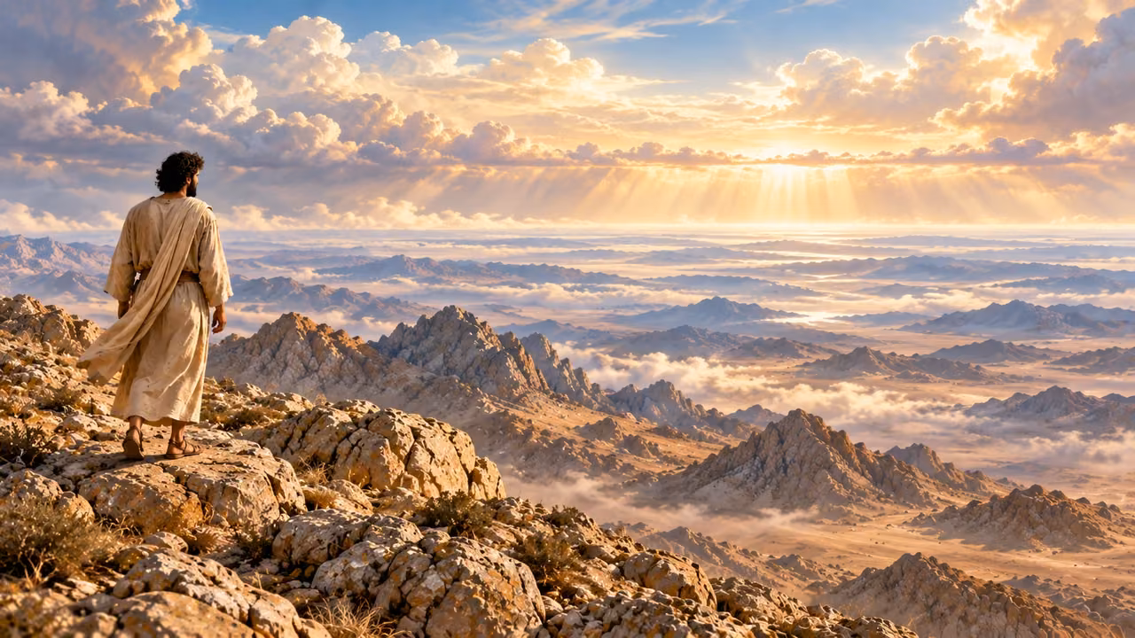 A lone narrator stands safely on near-side rock facing distant land and a broad clouded horizon.