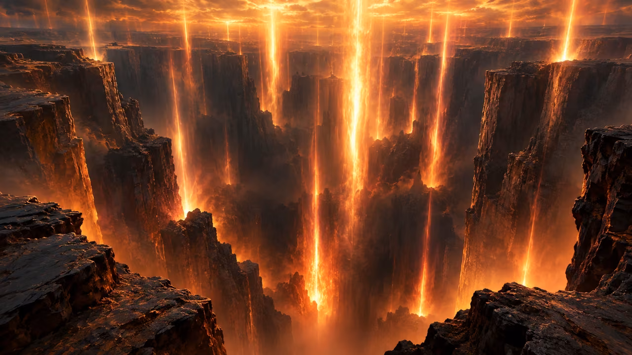 Columns of fire descend into a deep unoccupied chasm.
