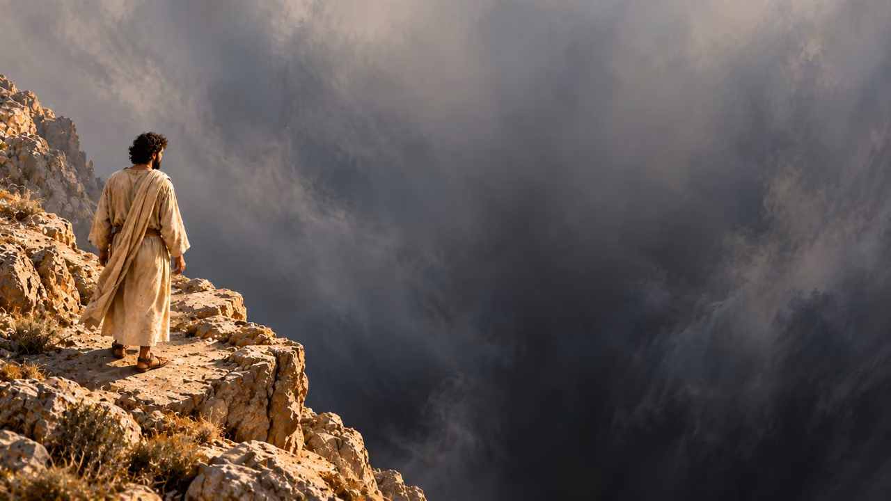 A lone traveler stands on firm near-side rock outside a vast empty gray depth.