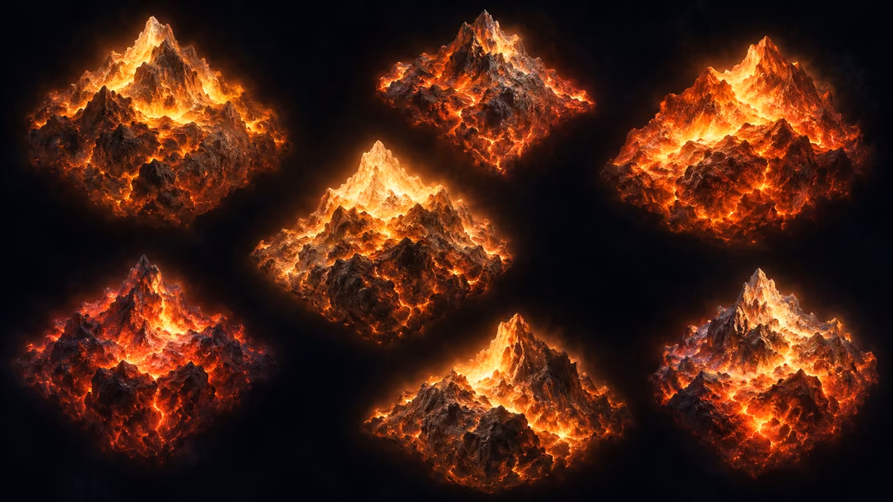 Seven separate rugged burning star-like forms hang in plain dark space.