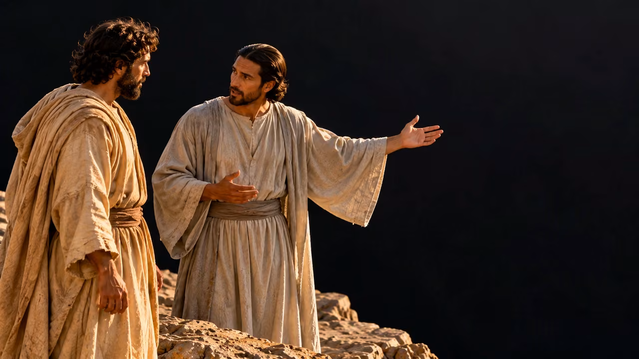 The beige-robed narrator listens while a distinct pale-gray-robed unnamed guide gestures toward an off-frame target.