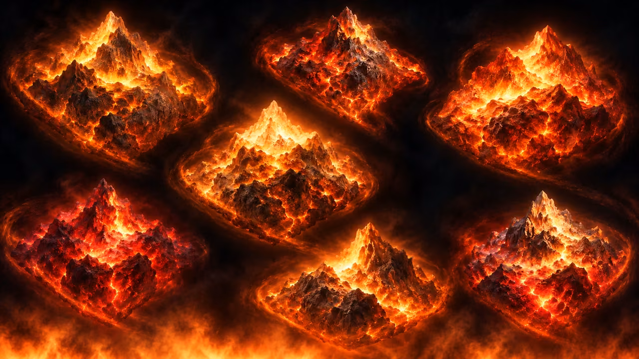 Seven irregular burning star-like forms turn above an ungrounded glow of fire.