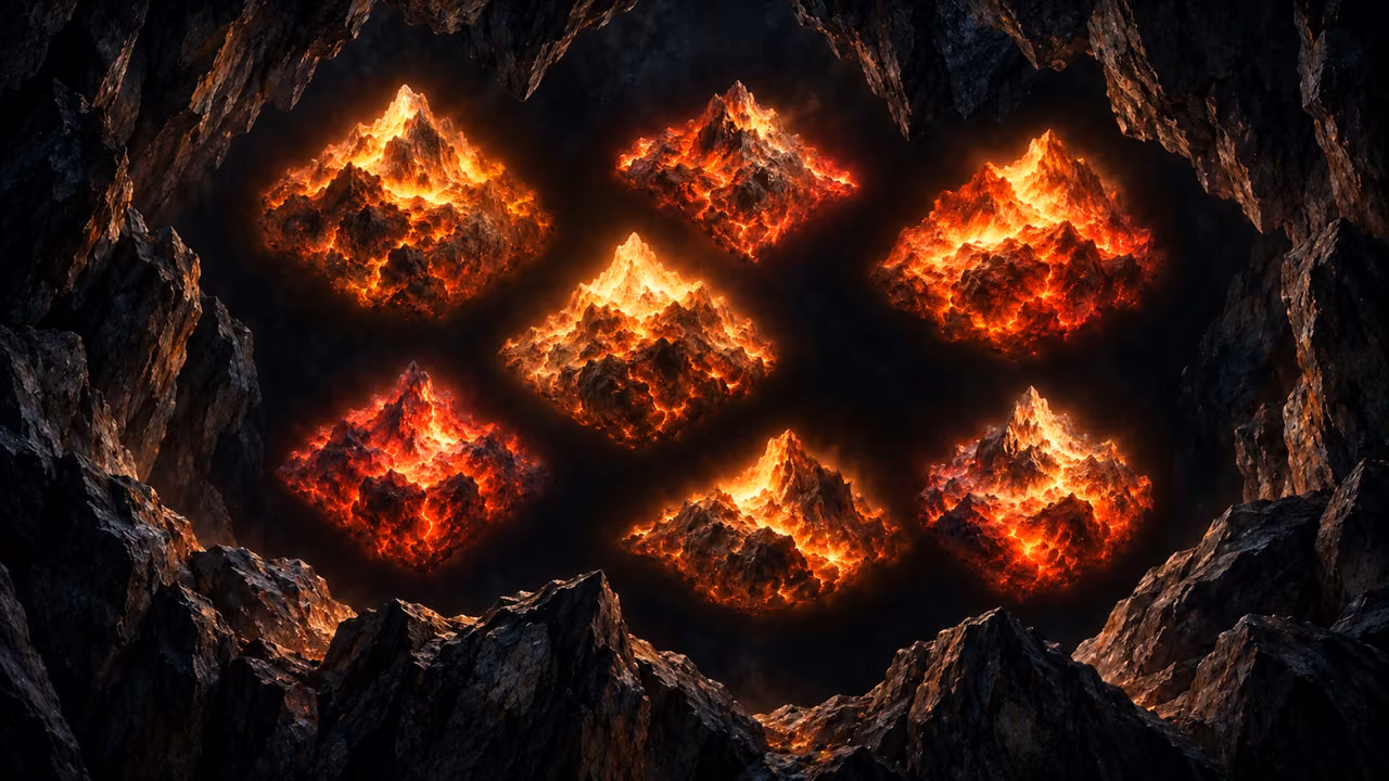 Seven burning star-like forms remain suspended within dark rock-like enclosing margins.