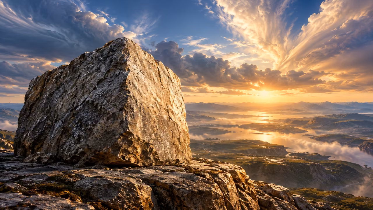 One great rough corner stone stands on grounded rock with open land and sky beyond.