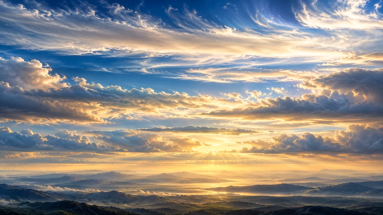 Broad stretched cloud bands cross the high sky above a distant landscape.