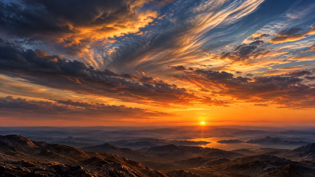 Wind-streaked clouds cross the sky above a sun disk close to the distant horizon.