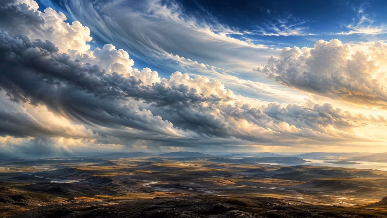 Broad cloud banks sweep over unoccupied open land.