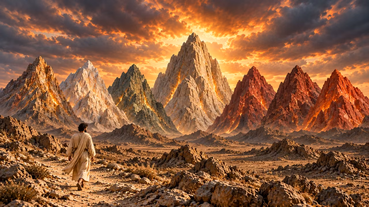 A lone beige-robed traveler approaches seven opaque stone mountains on a supported dry path.