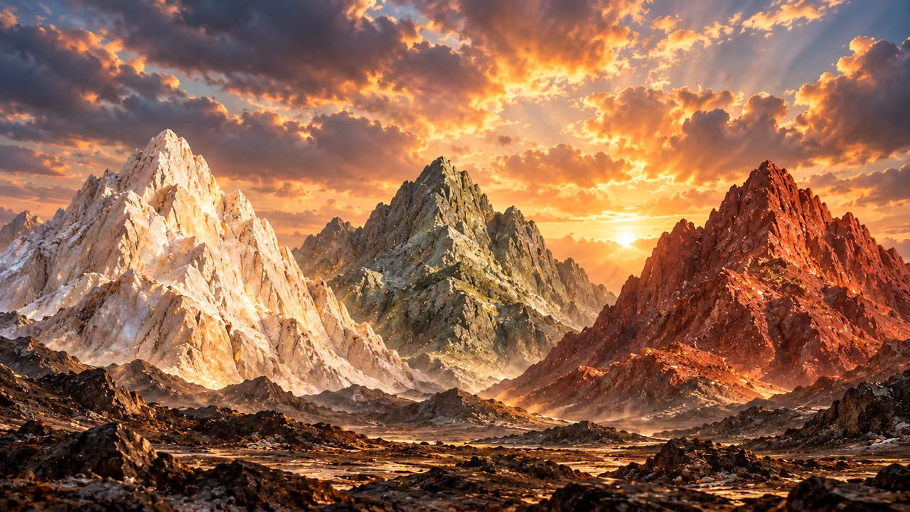 Three stone peaks show pale,gray-green and deep earthy coloring.