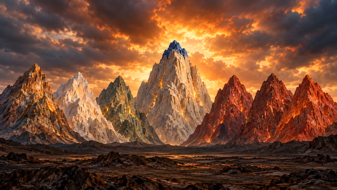 A central pale mountain with a blue upper cap rises above six smaller stone mountains.