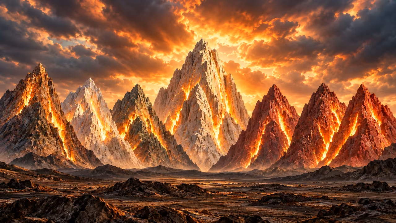 Fire burns in dry clefts among an unoccupied group of stone mountains.