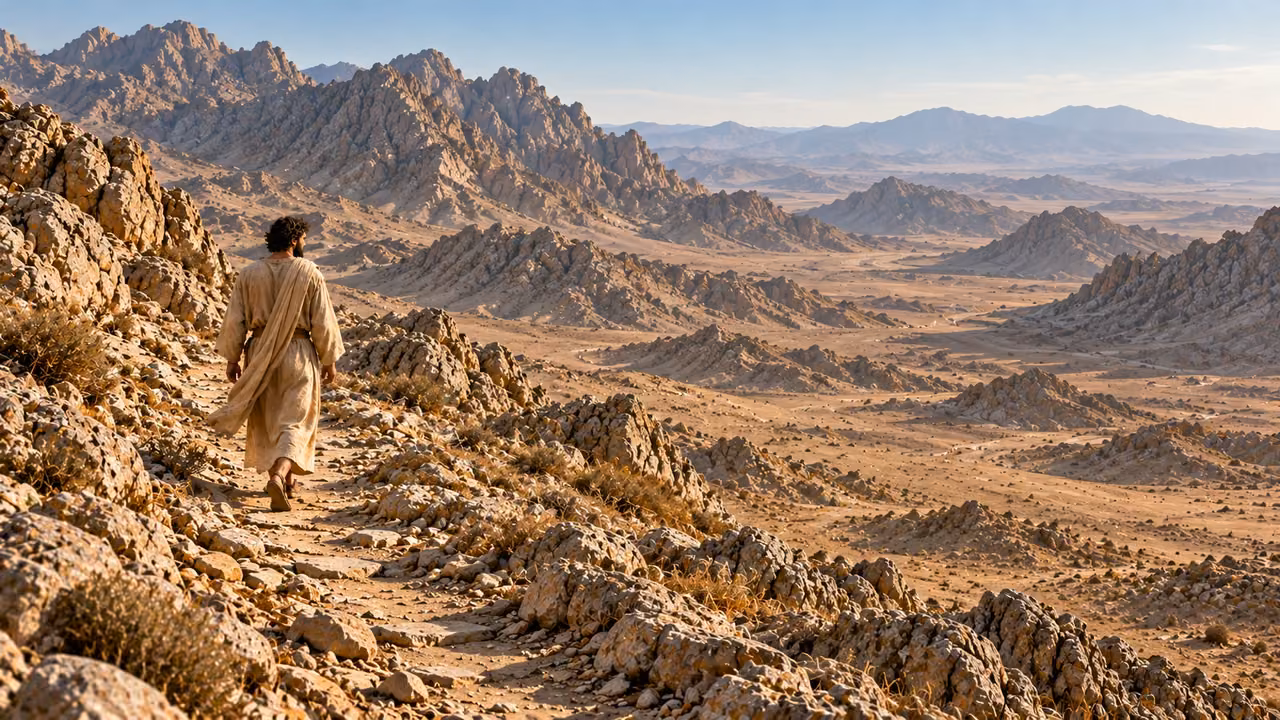 A lone beige-robed adult traveler follows a supported dry rocky path into an empty mountain basin.