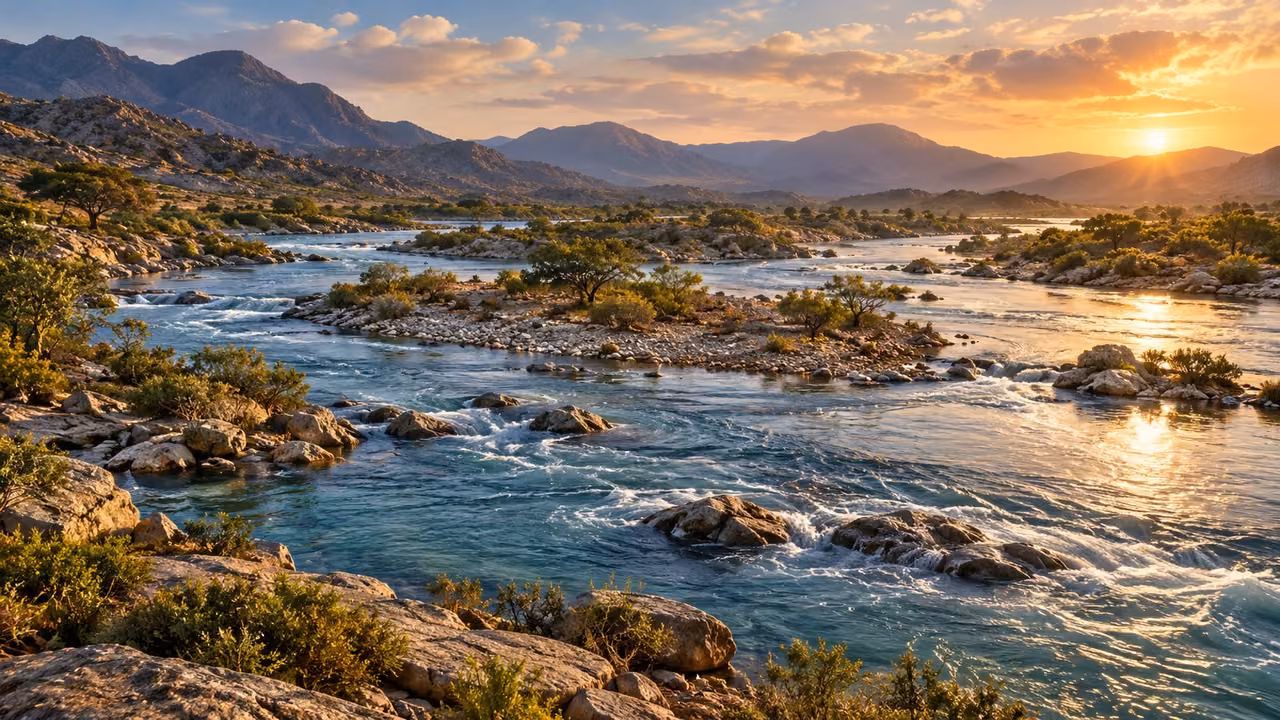 A broad water flow winds across stony land among sparse low trees.