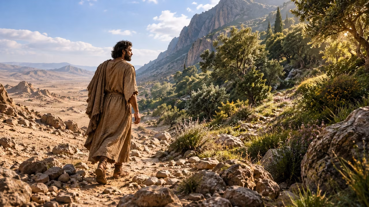 Dark-haired Enoch crosses rocky wilderness toward a wooded mountain slope.