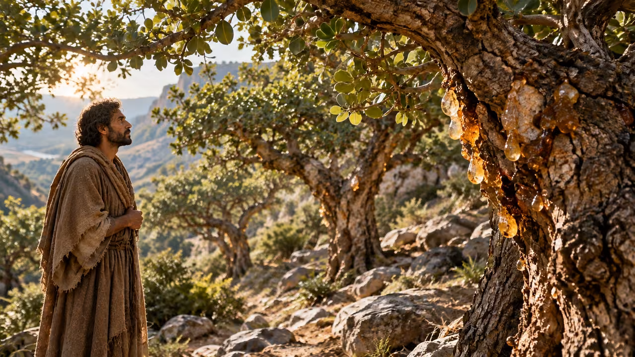 Enoch watches resin-bearing trees in a rocky grove.