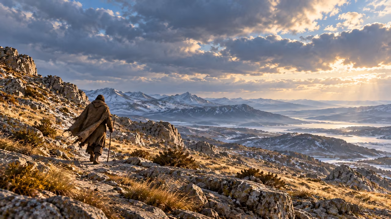A lone cloaked traveler follows a rocky ridge toward distant snowy mountains.