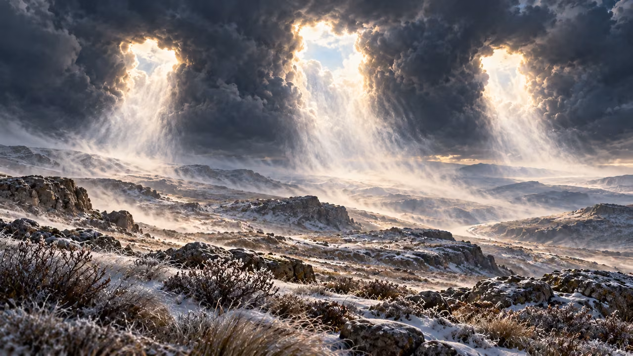 Three open clefts in dark clouds send wind-driven snow across a frosted landscape.