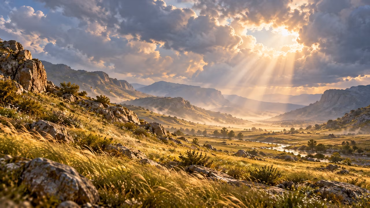 A single bright cloud opening overlooks a calm valley and gently leaning grass.